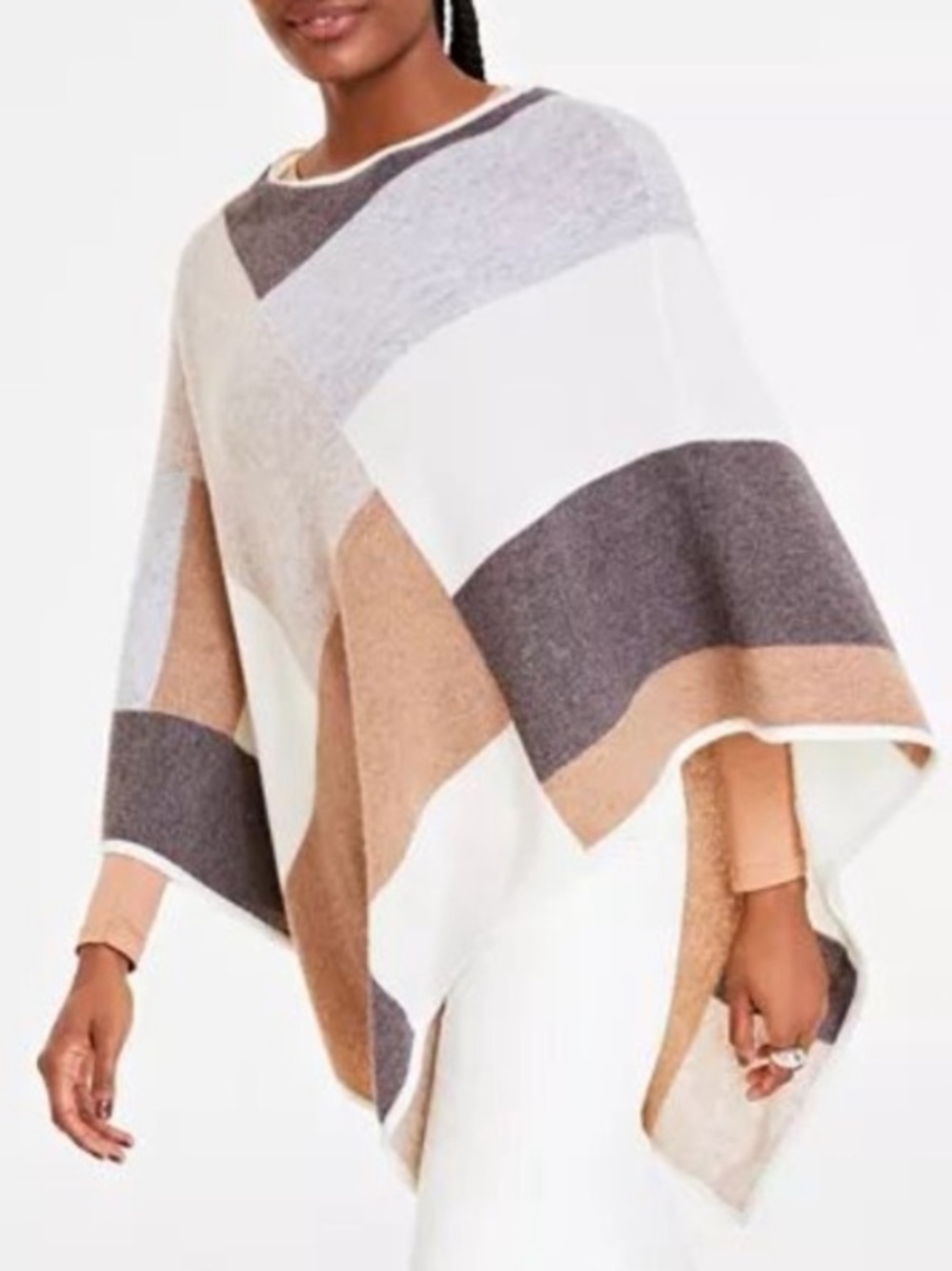 Charter Club Cashmere Luxury Colorblock Natural Tone Poncho Wrap, One Size, NWT